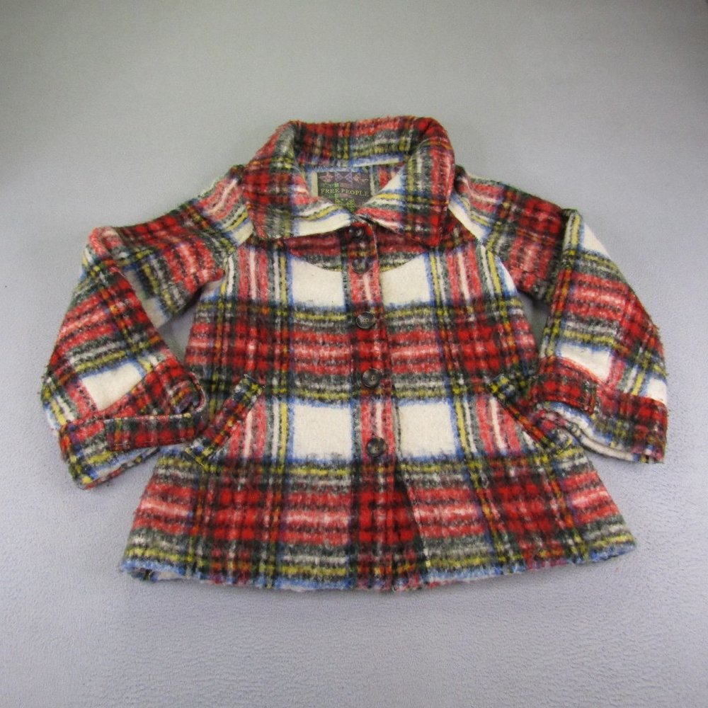 Free People Coat Womens Small Red White Tartan Plaid Wool Blend Button Up Coat